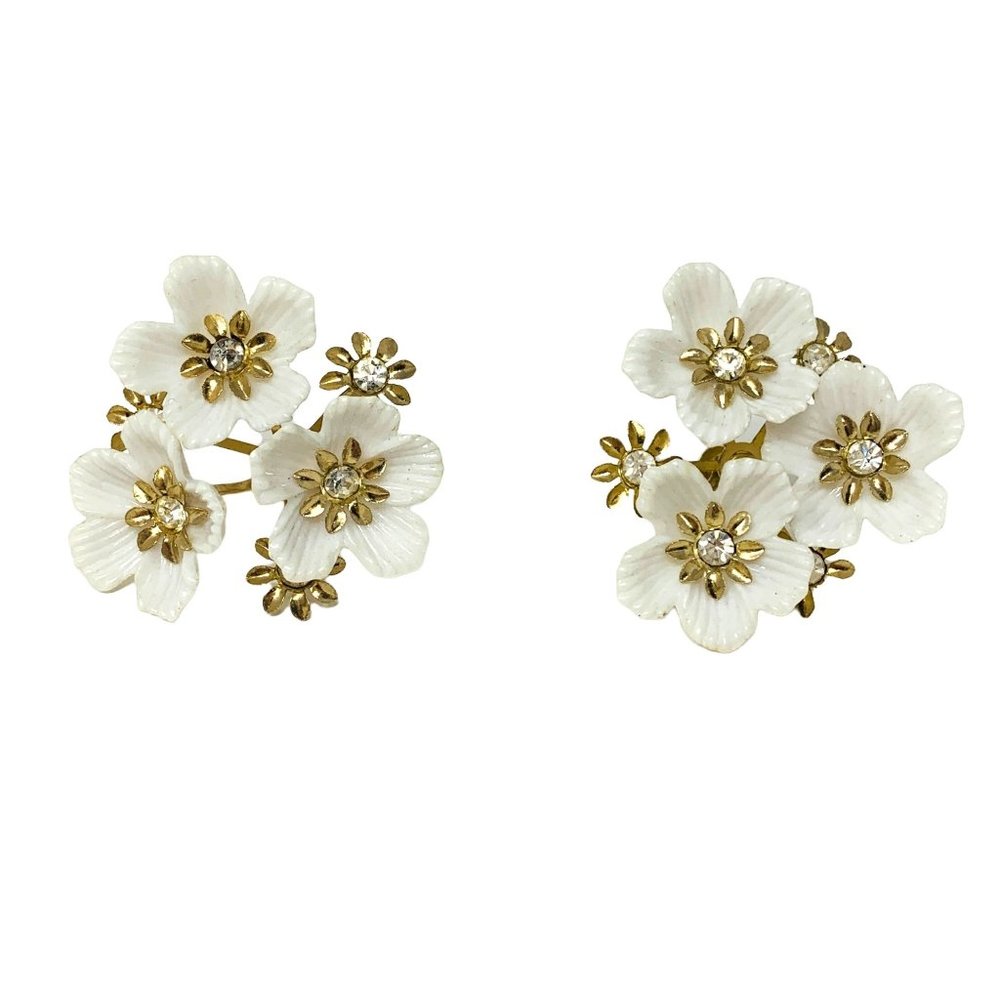 Vintage 1960s White Gold Floral Earrings Rhinestone Screw Backs